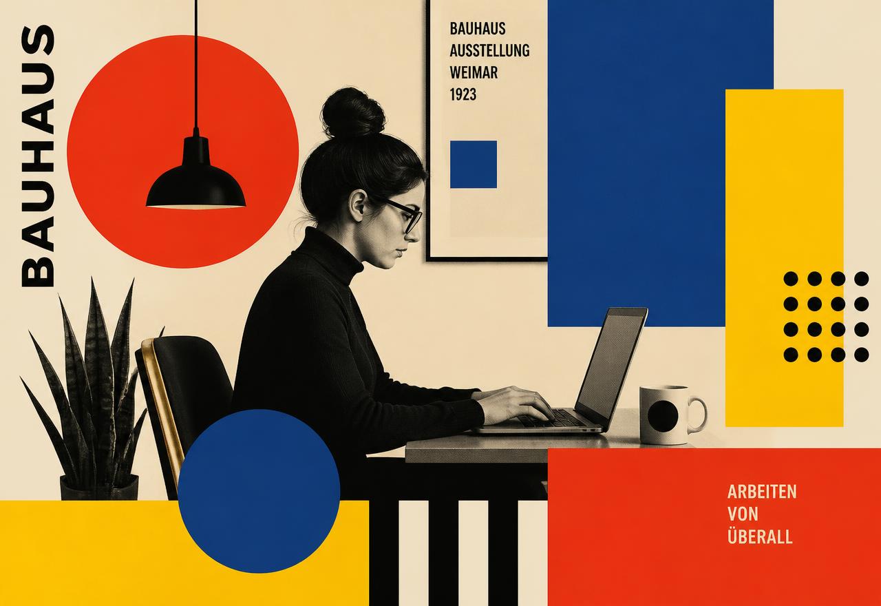 Remote worker completing micro-tasks on a laptop, Bauhaus poster collage